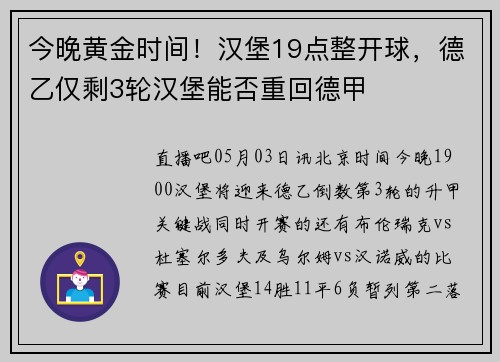 今晚黄金时间！汉堡19点整开球，德乙仅剩3轮汉堡能否重回德甲